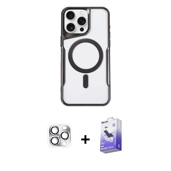 MARSİLYAN™- iPhone 16 Pro Max Kılıf Yadigar Klasik Özel Seri - Siyah Bilvis 5in1 5D Magic Hayalet Cam Ekran Koruyucu + Pers Alüminyum Kamera Lens - GS