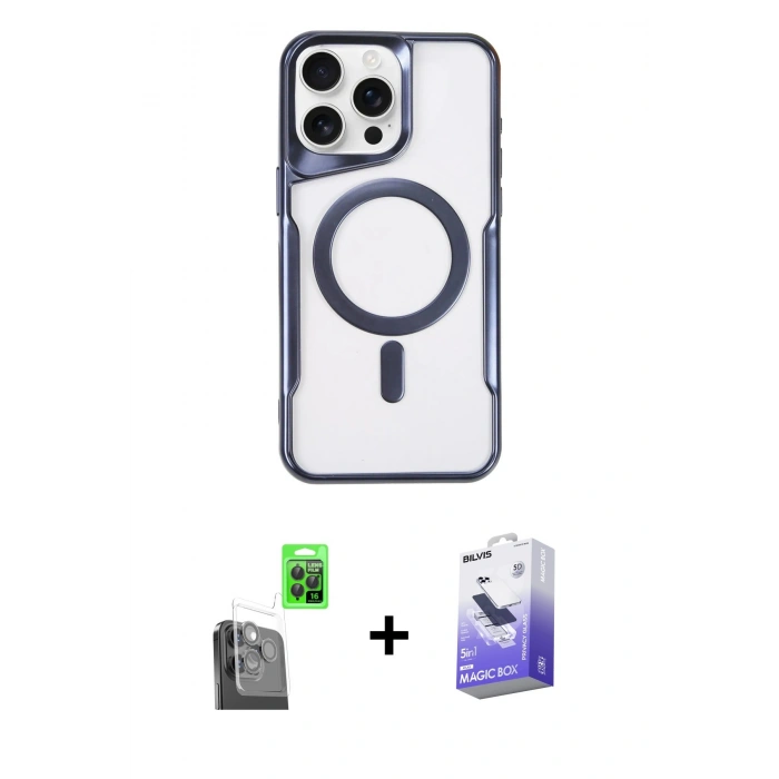 MARSİLYAN™- iPhone 16 Pro Max Kılıf Yadigar Klasik Özel Seri - Siyah Bilvis 5in1 5D Magic Hayalet Cam Ekran Koruyucu + Raze Metal Kamera Lens - SH