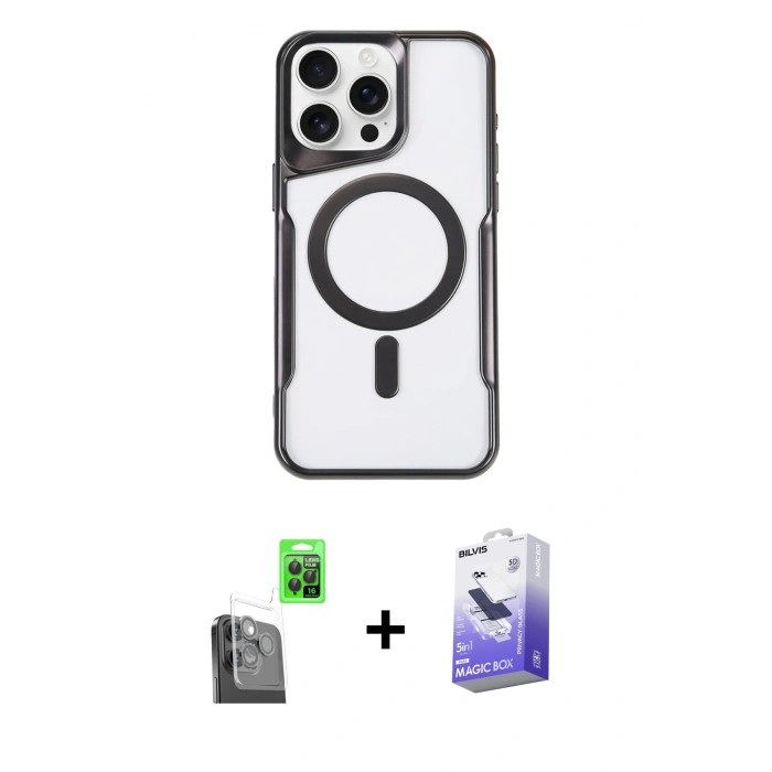 MARSİLYAN™- iPhone 16 Pro Max Kılıf Yadigar Klasik Özel Seri - Siyah Bilvis 5in1 5D Magic Hayalet Cam Ekran Koruyucu + Raze Metal Kamera Lens - SH