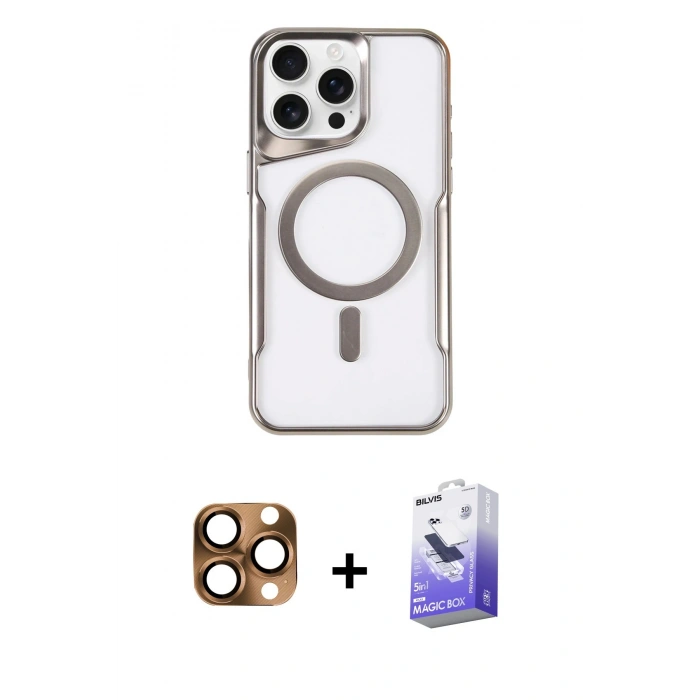 MARSİLYAN™- iPhone 16 Pro Max Kılıf Yadigar Klasik Özel Seri - Siyah Bilvis 5in1 5D Magic Hayalet Cam Ekran Koruyucu + Çöl Titanyum Pers Alüminyum Kamera Lens