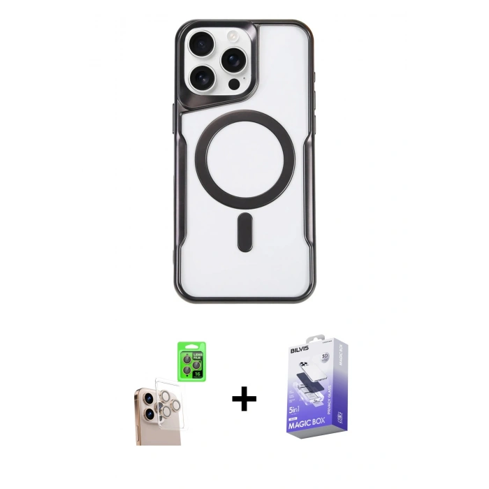 MARSİLYAN™- iPhone 16 Pro Max Kılıf Yadigar Klasik Özel Seri - Siyah Bilvis 5in1 5D Magic Hayalet Cam Ekran Koruyucu + Raze Metal Kamera Lens - NLGY