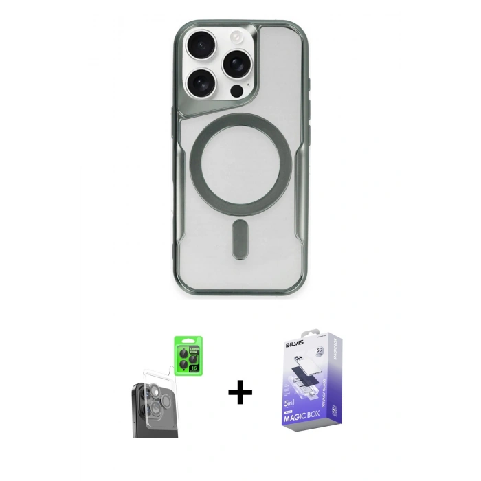 MARSİLYAN™- iPhone 16 Pro Max Kılıf Yadigar Klasik Özel Seri - Siyah Bilvis 5in1 5D Magic Hayalet Cam Ekran Koruyucu + Raze Metal Kamera Lens - SH