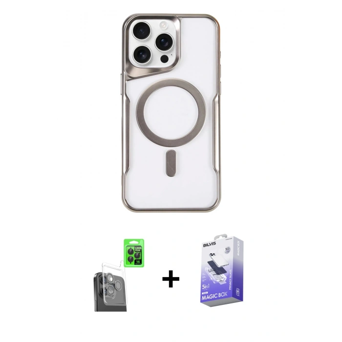MARSİLYAN™- iPhone 16 Pro Max Kılıf Yadigar Klasik Özel Seri - Siyah Bilvis 5in1 5D Magic Hayalet Cam Ekran Koruyucu + Raze Metal Kamera Lens - SH
