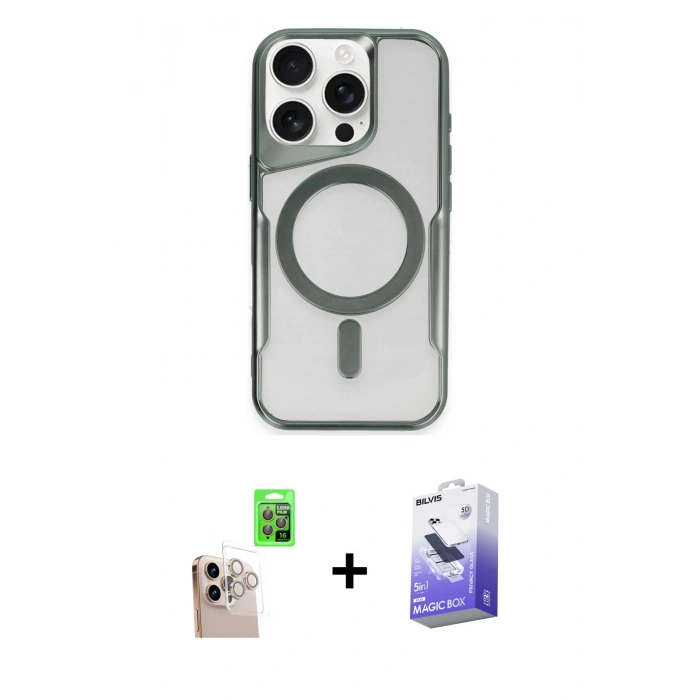 MARSİLYAN™- iPhone 16 Pro Max Kılıf Yadigar Klasik Özel Seri - Siyah Bilvis 5in1 5D Magic Hayalet Cam Ekran Koruyucu + Raze Metal Kamera Lens - NLGY