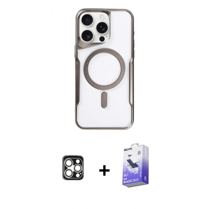 MARSİLYAN™- iPhone 16 Pro Max Kılıf Yadigar Klasik Özel Seri - Siyah Bilvis 5in1 5D Magic Hayalet Cam Ekran Koruyucu + PVD Metal Kamera Lens - GS