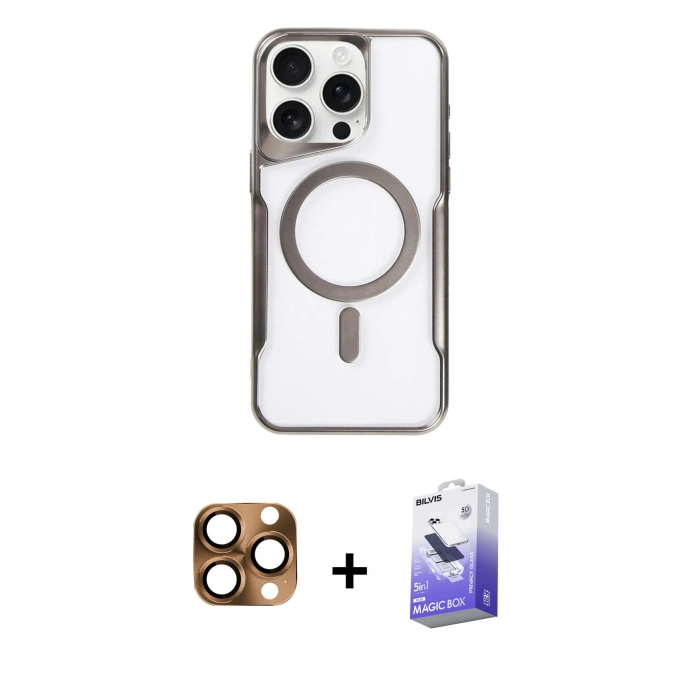 MARSİLYAN™- iPhone 16 Pro Max Kılıf Yadigar Klasik Özel Seri - Siyah Bilvis 5in1 5D Magic Hayalet Cam Ekran Koruyucu + Çöl Titanyum Pers Alüminyum Kamera Lens