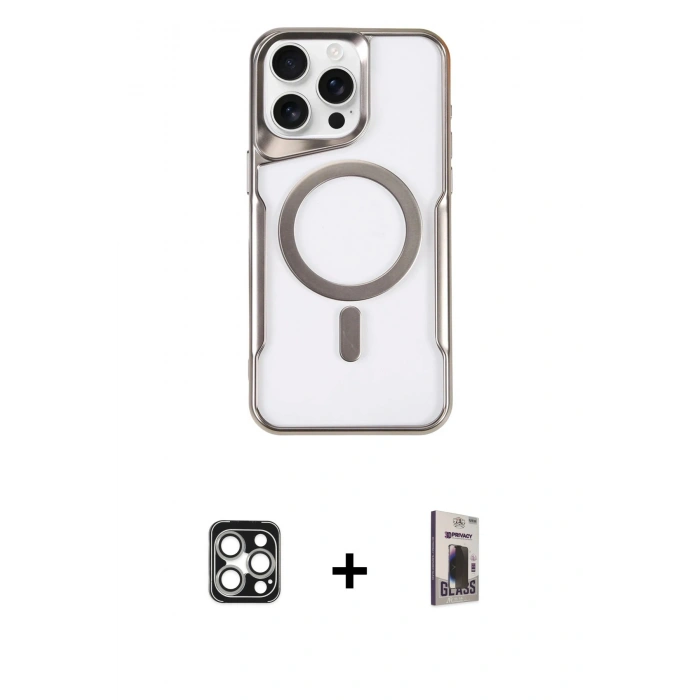 MARSİLYAN™- iPhone 16 Pro Max Kılıf Yadigar Klasik Özel Seri - Siyah Bilvis Hayalet Cam Ekran Koruyucu + Gümüş PVD Metal Kamera Lens