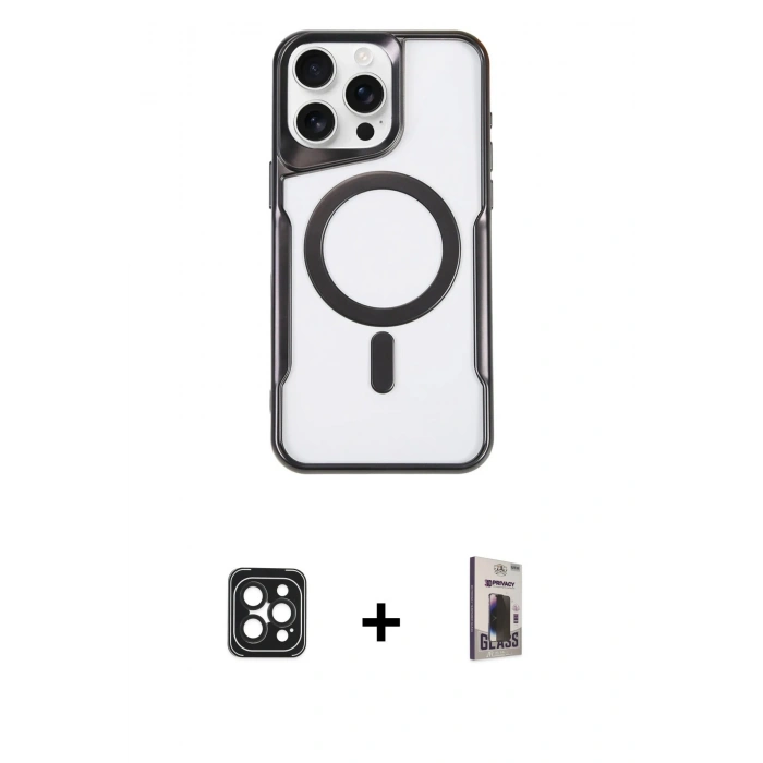 MARSİLYAN™- iPhone 16 Pro Max Kılıf Yadigar Klasik Özel Seri - Siyah Bilvis Hayalet Cam Ekran Koruyucu + PVD Metal Kamera Lens - SH