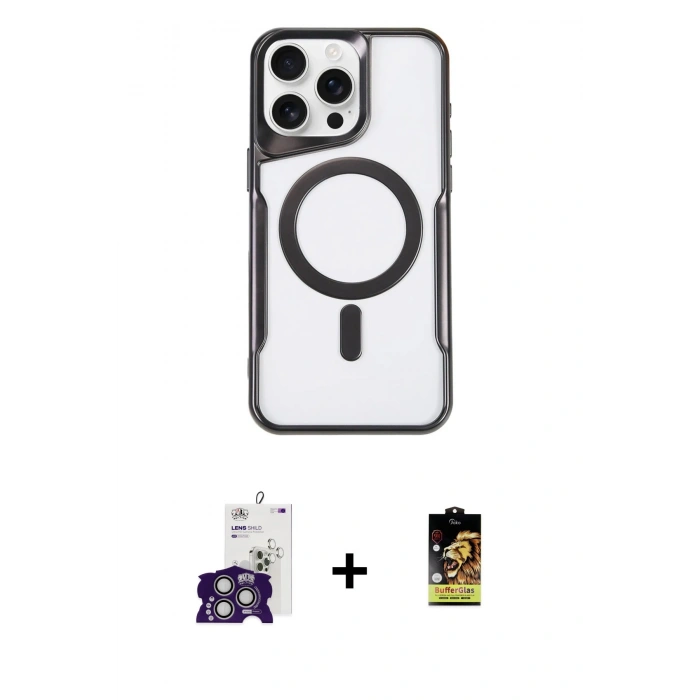 MARSİLYAN™- iPhone 16 Pro Max Kılıf Yadigar Klasik Özel Seri - Siyah Buffer Cam Ekran Koruyucu + Gümüş Bilvis Titan Kamera Lens