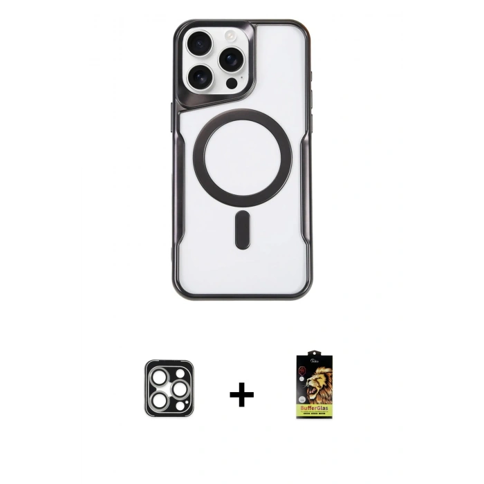 MARSİLYAN™- iPhone 16 Pro Max Kılıf Yadigar Klasik Özel Seri - Siyah Buffer Cam Ekran Koruyucu + PVD Metal Kamera Lens - GS