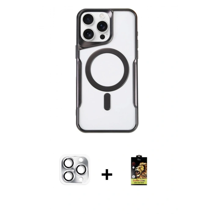 MARSİLYAN™- iPhone 16 Pro Max Kılıf Yadigar Klasik Özel Seri - Siyah Buffer Cam Ekran Koruyucu + Pers Alüminyum Kamera Lens - GS