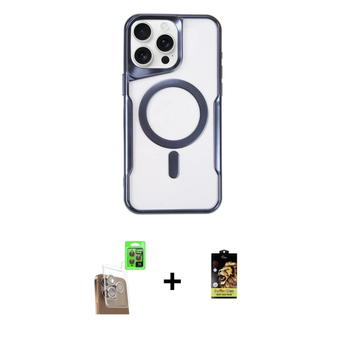MARSİLYAN™- iPhone 16 Pro Max Kılıf Yadigar Klasik Özel Seri - Siyah Buffer Cam Ekran Koruyucu + Raze Metal Kamera Lens - CLTM