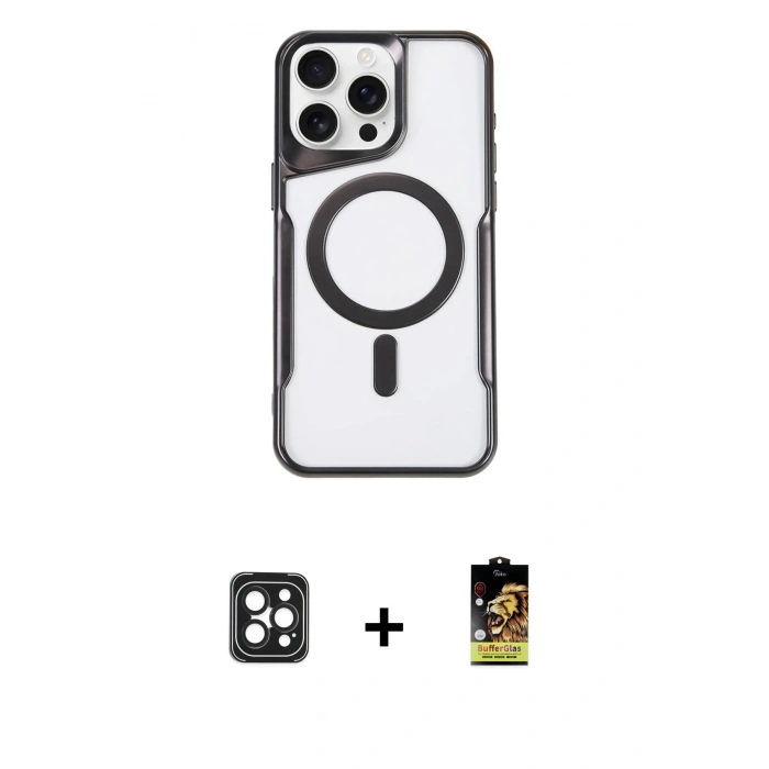 MARSİLYAN™- iPhone 16 Pro Max Kılıf Yadigar Klasik Özel Seri - Siyah Buffer Cam Ekran Koruyucu + Siyah PVD Metal Kamera Lens