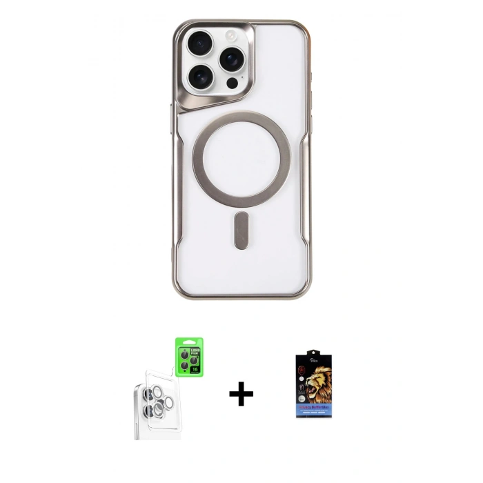 MARSİLYAN™- iPhone 16 Pro Max Kılıf Yadigar Klasik Özel Seri - Siyah Buffer Hayalet Cam Ekran Koruyucu + Beyaz Raze Metal Kamera Lens