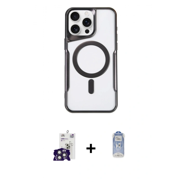 MARSİLYAN™- iPhone 16 Pro Max Kılıf Yadigar Klasik Özel Seri - Siyah Joko Magic 5D Cam + Titanyum Gri Bilvis Titan Kamera Lens