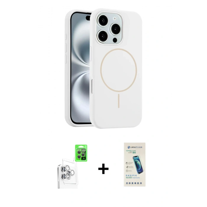MARSİLYAN™- iPhone 16 Pro Max Kılıf Yankı Form Serisi - Şeffaf Pasifik Cam Ekran Koruyucu + Beyaz Raze Metal Kamera Lens