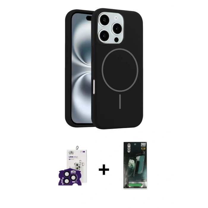 MARSİLYAN™- iPhone 16 Pro Max Kılıf Yankı Form Serisi - Siyah 360 Mat Full Body Arka Koruyucu + Bilvis Titan Kamera Lens - SH