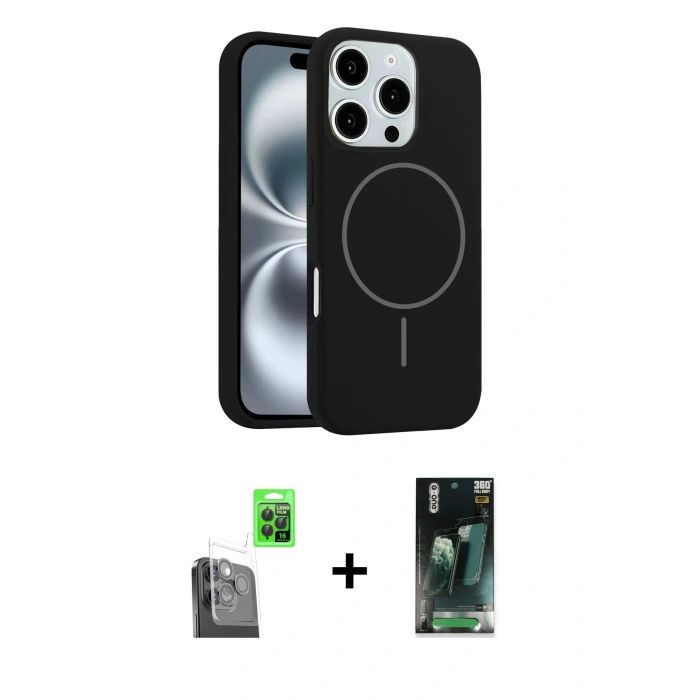 MARSİLYAN™- iPhone 16 Pro Max Kılıf Yankı Form Serisi - Siyah 360 Mat Full Body Arka Koruyucu + Raze Metal Kamera Lens - SH