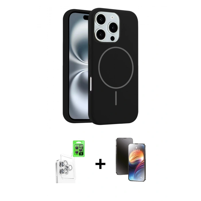 MARSİLYAN™- iPhone 16 Pro Max Kılıf Yankı Form Serisi - Siyah 3D Antistatik Mat Seramik Nano Ekran Koruyucu + Raze Metal Kamera Lens - BZ