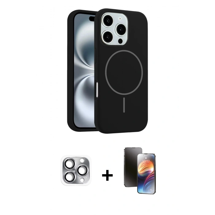 MARSİLYAN™- iPhone 16 Pro Max Kılıf Yankı Form Serisi - Siyah 3D Antistatik Mat Seramik Nano Ekran Koruyucu + Pers Alüminyum Kamera Lens - GI