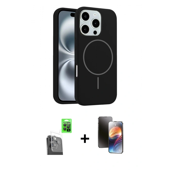 MARSİLYAN™- iPhone 16 Pro Max Kılıf Yankı Form Serisi - Siyah 3D Antistatik Mat Seramik Nano Ekran Koruyucu + Raze Metal Kamera Lens - SH