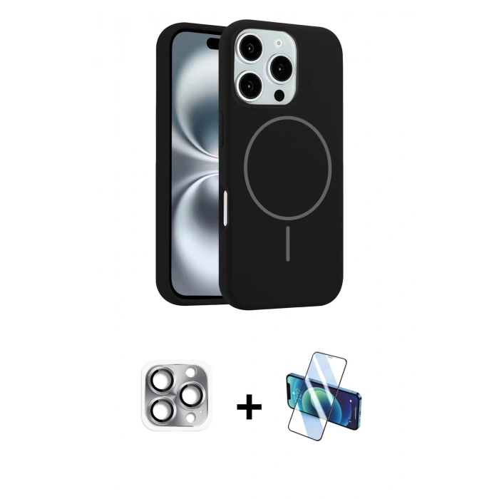 MARSİLYAN™- iPhone 16 Pro Max Kılıf Yankı Form Serisi - Siyah 3D Antistatik Seramik Nano Ekran Koruyucu + Gri Pers Alüminyum Kamera Lens
