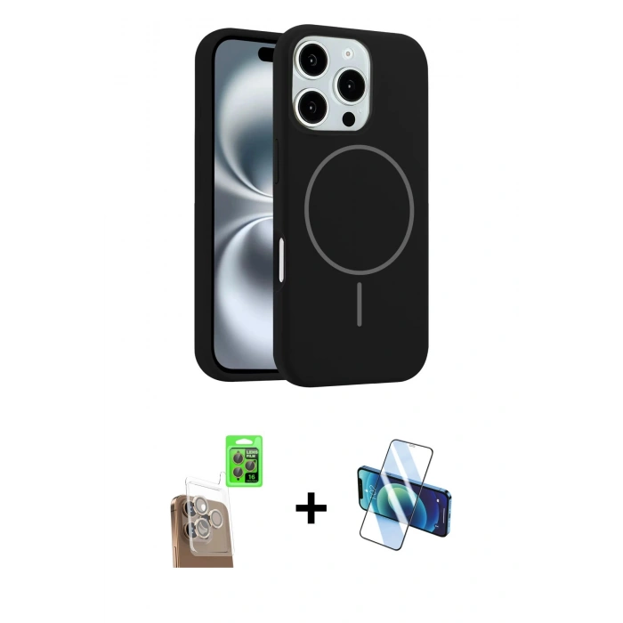 MARSİLYAN™- iPhone 16 Pro Max Kılıf Yankı Form Serisi - Siyah 3D Antistatik Seramik Nano Ekran Koruyucu + Raze Metal Kamera Lens - CLTM