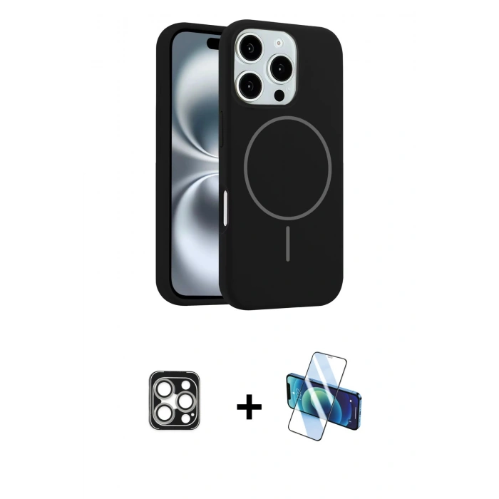 MARSİLYAN™- iPhone 16 Pro Max Kılıf Yankı Form Serisi - Siyah 3D Antistatik Seramik Nano Ekran Koruyucu + PVD Metal Kamera Lens - GS