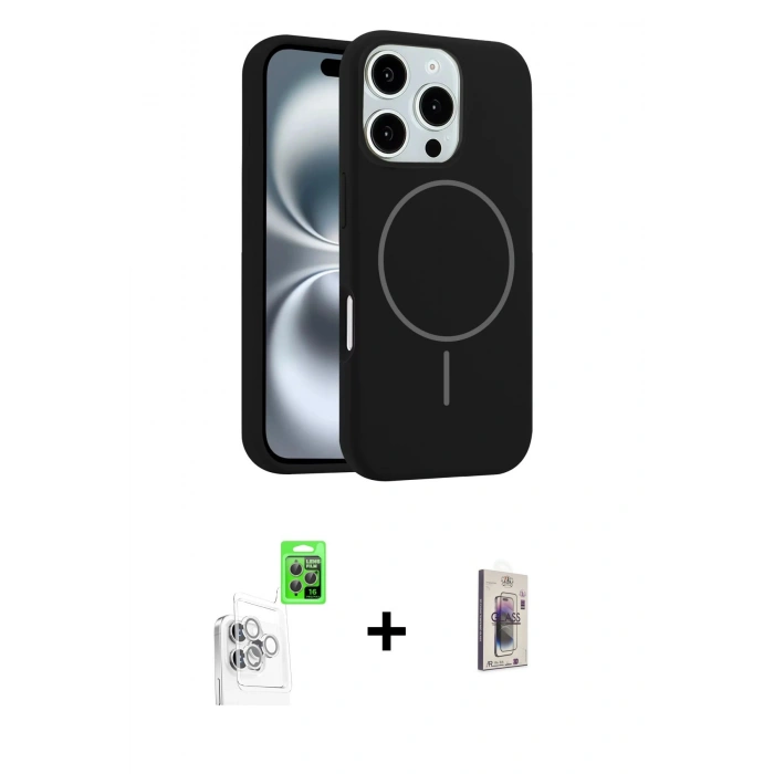 MARSİLYAN™- iPhone 16 Pro Max Kılıf Yankı Form Serisi - Siyah Bilvis 3D Cam Ekran Koruyucu + Raze Metal Kamera Lens - BZ