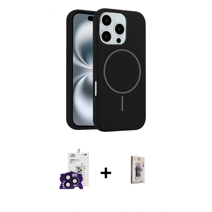 MARSİLYAN™- iPhone 16 Pro Max Kılıf Yankı Form Serisi - Siyah Bilvis 3D Cam Ekran Koruyucu + Siyah Bilvis Titan Kamera Lens