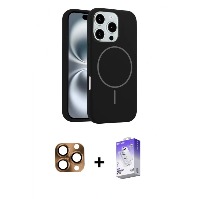 MARSİLYAN™- iPhone 16 Pro Max Kılıf Yankı Form Serisi - Siyah Bilvis 5in1 3D Magic Cam Ekran Koruyucu + Pers Alüminyum Kamera Lens - CLTM