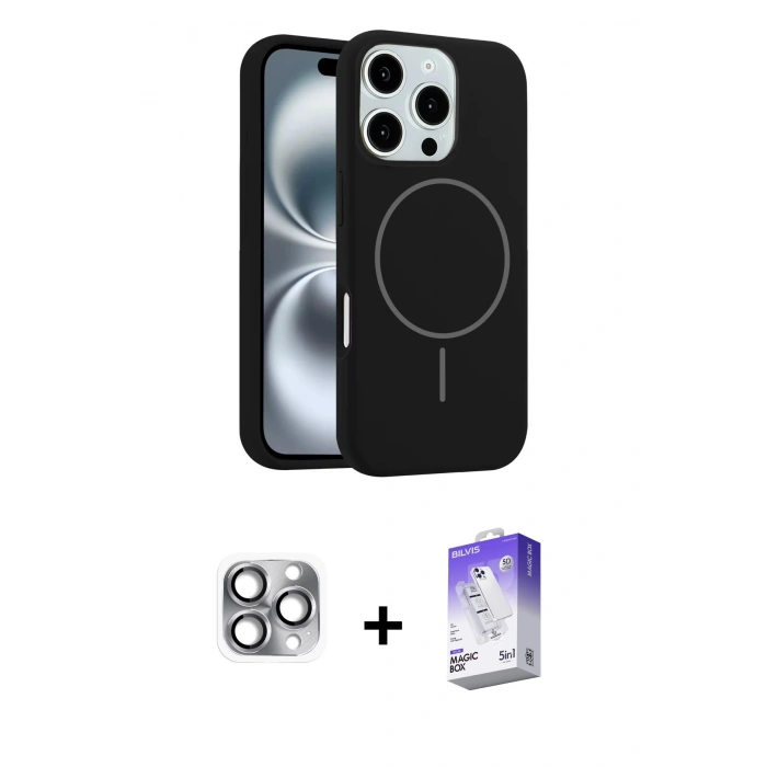 MARSİLYAN™- iPhone 16 Pro Max Kılıf Yankı Form Serisi - Siyah Bilvis 5in1 3D Magic Cam Ekran Koruyucu + Gri Pers Alüminyum Kamera Lens