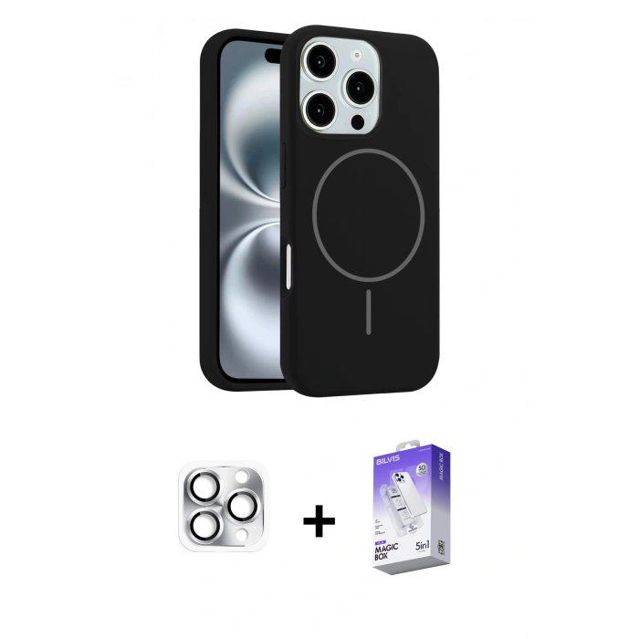 MARSİLYAN™- iPhone 16 Pro Max Kılıf Yankı Form Serisi - Siyah Bilvis 5in1 3D Magic Cam Ekran Koruyucu + Pers Alüminyum Kamera Lens - GS