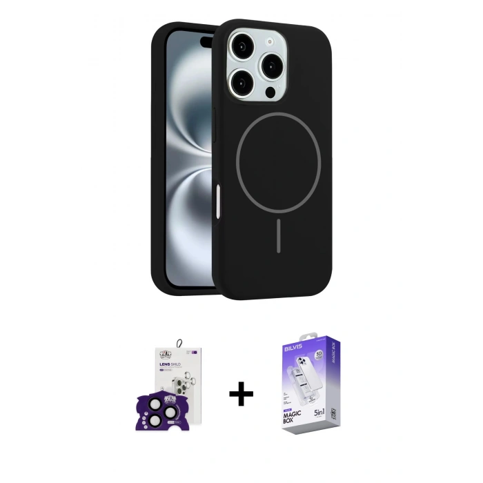 MARSİLYAN™- iPhone 16 Pro Max Kılıf Yankı Form Serisi - Siyah Bilvis 5in1 3D Magic Cam Ekran Koruyucu + Bilvis Titan Kamera Lens - SH
