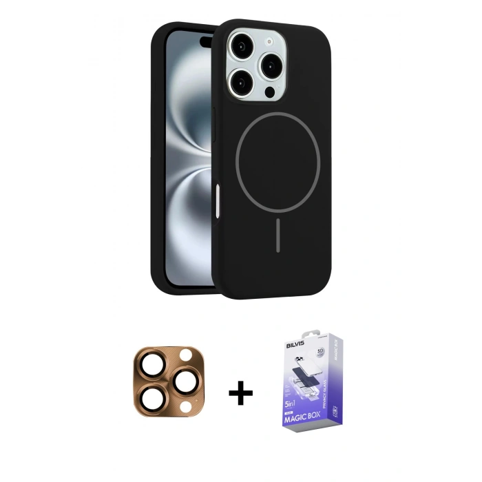 MARSİLYAN™- iPhone 16 Pro Max Kılıf Yankı Form Serisi - Siyah Bilvis 5in1 5D Magic Hayalet Cam Ekran Koruyucu + Pers Alüminyum Kamera Lens - CLTM