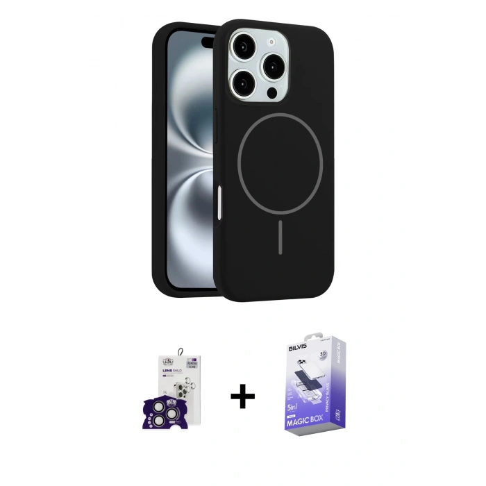 MARSİLYAN™- iPhone 16 Pro Max Kılıf Yankı Form Serisi - Siyah Bilvis 5in1 5D Magic Hayalet Cam Ekran Koruyucu + Titanyum Gri Bilvis Titan Kamera Lens