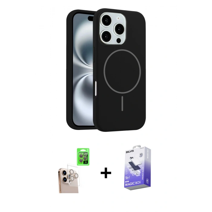 MARSİLYAN™- iPhone 16 Pro Max Kılıf Yankı Form Serisi - Siyah Bilvis 5in1 5D Magic Hayalet Cam Ekran Koruyucu + Raze Metal Kamera Lens - NLGY