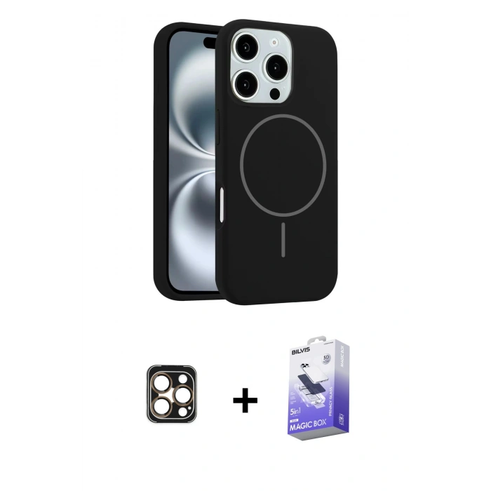 MARSİLYAN™- iPhone 16 Pro Max Kılıf Yankı Form Serisi - Siyah Bilvis 5in1 5D Magic Hayalet Cam Ekran Koruyucu + PVD Metal Kamera Lens - GD