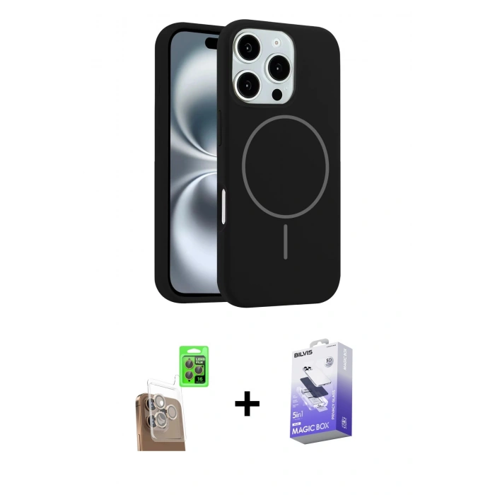 MARSİLYAN™- iPhone 16 Pro Max Kılıf Yankı Form Serisi - Siyah Bilvis 5in1 5D Magic Hayalet Cam Ekran Koruyucu + Raze Metal Kamera Lens - CLTM