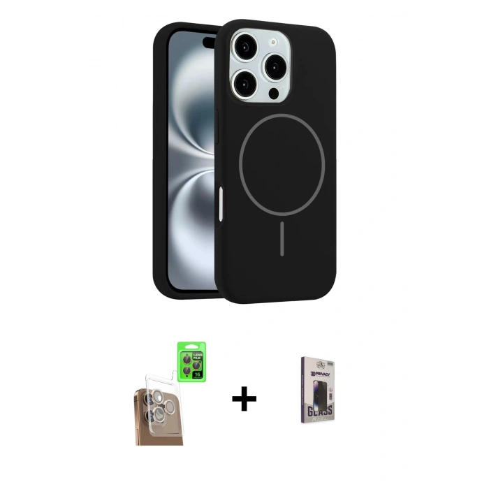 MARSİLYAN™- iPhone 16 Pro Max Kılıf Yankı Form Serisi - Siyah Bilvis Hayalet Cam Ekran Koruyucu + Raze Metal Kamera Lens - CLTM