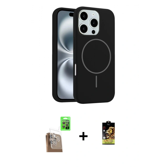 MARSİLYAN™- iPhone 16 Pro Max Kılıf Yankı Form Serisi - Siyah Buffer Cam Ekran Koruyucu + Çöl Titanyum Raze Metal Kamera Lens