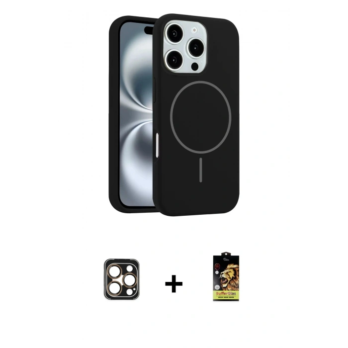 MARSİLYAN™- iPhone 16 Pro Max Kılıf Yankı Form Serisi - Siyah Buffer Cam Ekran Koruyucu + Gold PVD Metal Kamera Lens