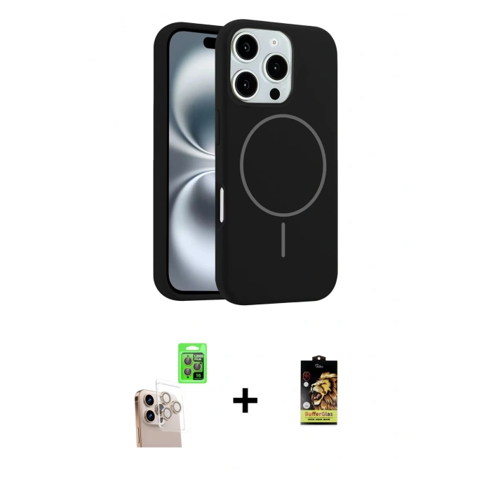 MARSİLYAN™- iPhone 16 Pro Max Kılıf Yankı Form Serisi - Siyah Buffer Cam Ekran Koruyucu + Raze Metal Kamera Lens - NLGY
