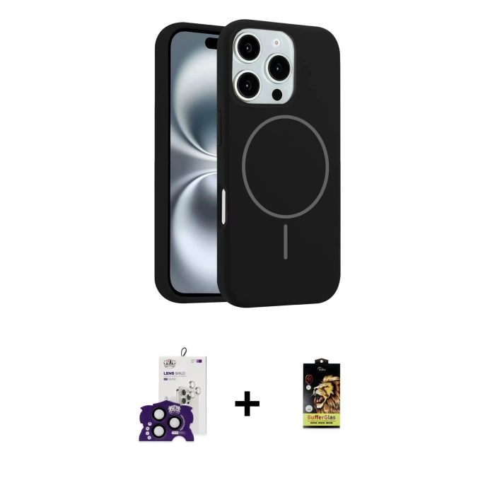 MARSİLYAN™- iPhone 16 Pro Max Kılıf Yankı Form Serisi - Siyah Buffer Cam Ekran Koruyucu + Bilvis Titan Kamera Lens - SH