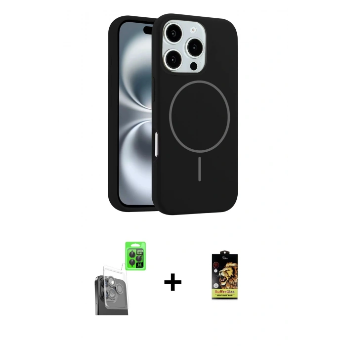 MARSİLYAN™- iPhone 16 Pro Max Kılıf Yankı Form Serisi - Siyah Buffer Cam Ekran Koruyucu + Siyah Raze Metal Kamera Lens