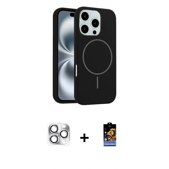 MARSİLYAN™- iPhone 16 Pro Max Kılıf Yankı Form Serisi - Siyah Buffer Hayalet Cam Ekran Koruyucu + Pers Alüminyum Kamera Lens - GS