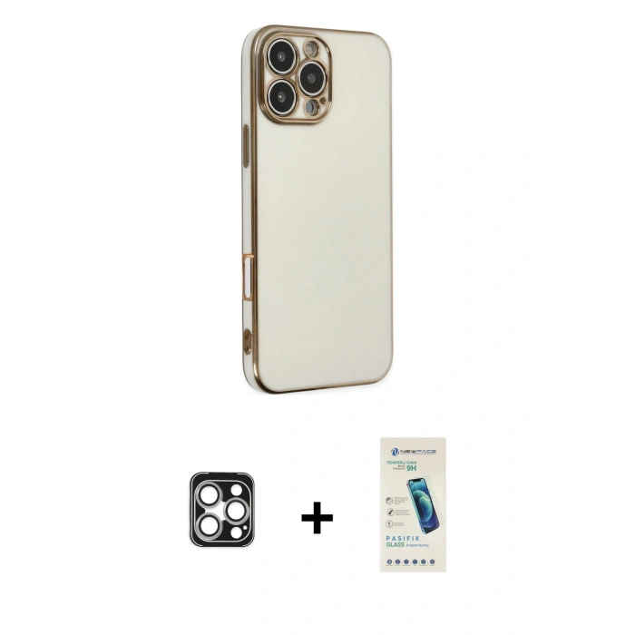 MARSİLYAN™- iPhone 16 Pro Max Kılıf Yankı Serisi - Şeffaf Pasifik Cam Ekran Koruyucu + PVD Metal Kamera Lens - GS