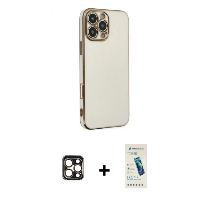 MARSİLYAN™- iPhone 16 Pro Max Kılıf Yankı Serisi - Şeffaf Pasifik Cam Ekran Koruyucu + PVD Metal Kamera Lens - GD