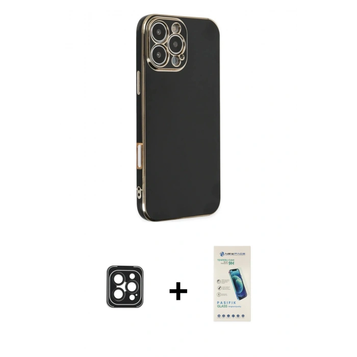 MARSİLYAN™- iPhone 16 Pro Max Kılıf Yankı Serisi - Şeffaf Pasifik Cam Ekran Koruyucu + PVD Metal Kamera Lens - SH