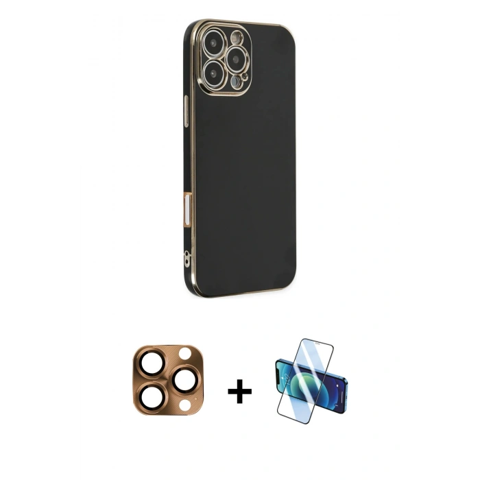 MARSİLYAN™- iPhone 16 Pro Max Kılıf Yankı Serisi - Siyah 3D Antistatik Cam Ekran Koruyucu + Pers Alüminyum Kamera Lens - CLTM